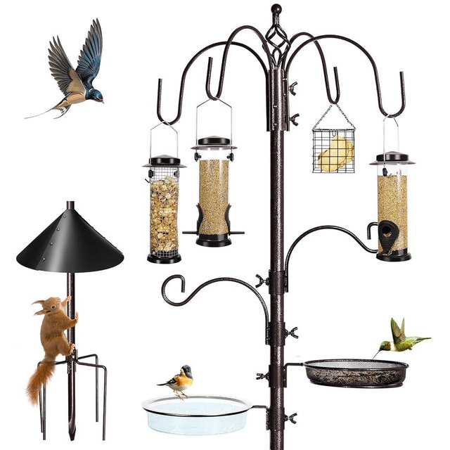 YINGYM 6-Hook Bird Feeding Station Kit Wild Bird Feeder Pole, Steel Multi-Feeder Hanging Kit Stand with, Bird Bath, Mesh Tray and Squirrel Guard Baffle, 94 Inch
