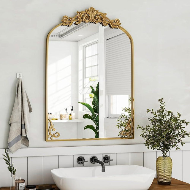 XRAMFY Antique Mirror, 36"x24" Vintage Gold Arched Wall Mirror, Baroque Metal Frame, Brass Mirror for Bathroom, Bedroom, Living Room, or Entryway Decor