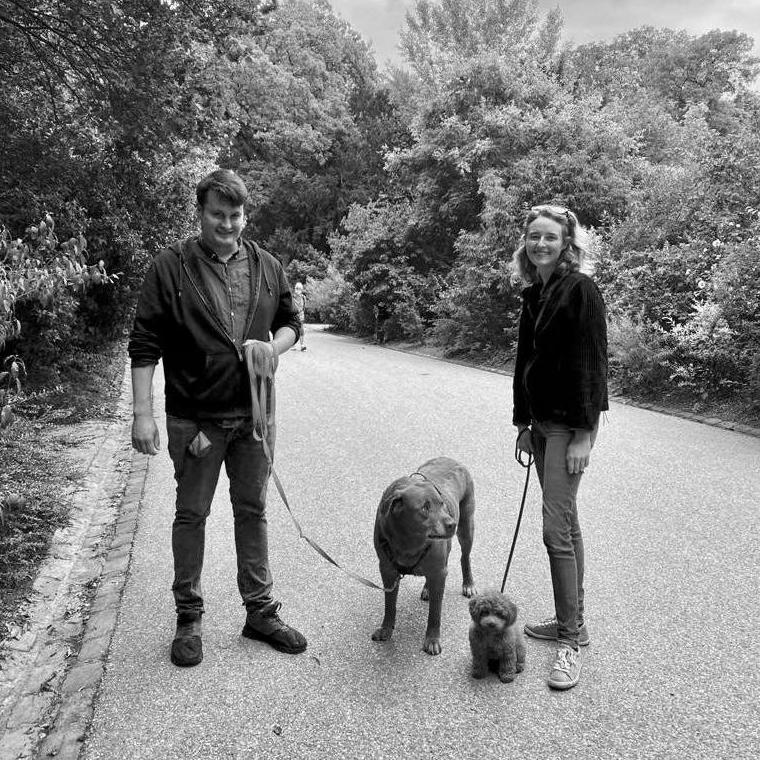 Nicholas, Nona, Copper, and Abricot on their daily walk in Parc des Buttes Chaumont