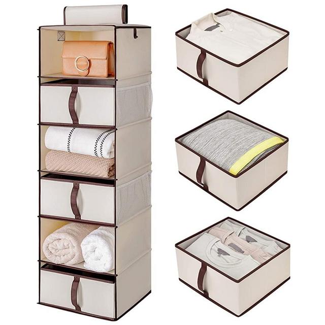 StorageWorks 6-Shelf Hanging Closet Organizer, Hanging Shelves for Closet with 3 Drawers, Canvas, Ivory White, 13.6" W x 12.2" D x 42.5" H