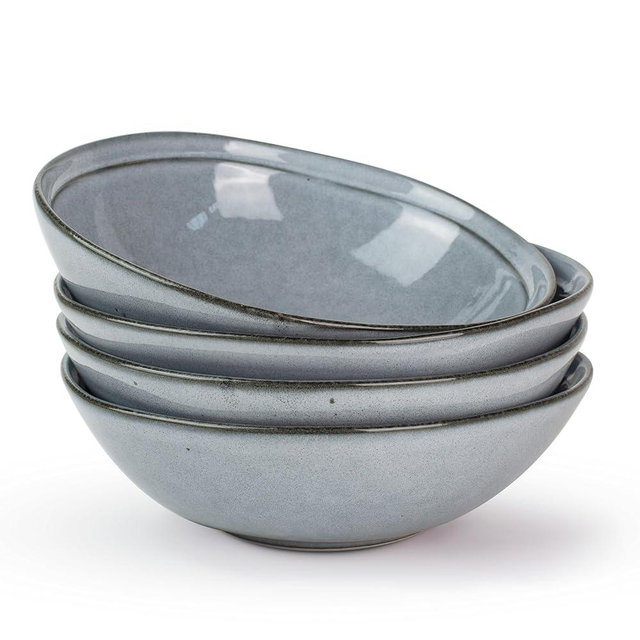 famiware Pasta Bowls Set of 4, 42oz Deep Salad Bowls for Eating - Aegean Stoneware Large Soup Bowl Dish Set - Microwave and Dishwasher Safe, Reactive Glaze, Irregular Round, Blue Grey