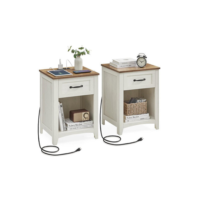 VASAGLE Farmhouse 2 Nightstands with Charging Station, Side Tables with Storage Rustic White and Honey Brown