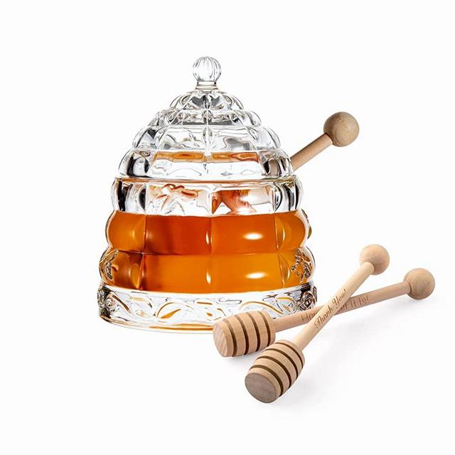 M&N Home Beehive Crystal Honey Dish and 3 Dippers, Honey Jar and Dipper Set, Large Glass Jar Honey Pot with Lid and Inscribed Wooden Honey Dippers, Glass Honey Dispenser Thank You Gift, Christmas Gift
