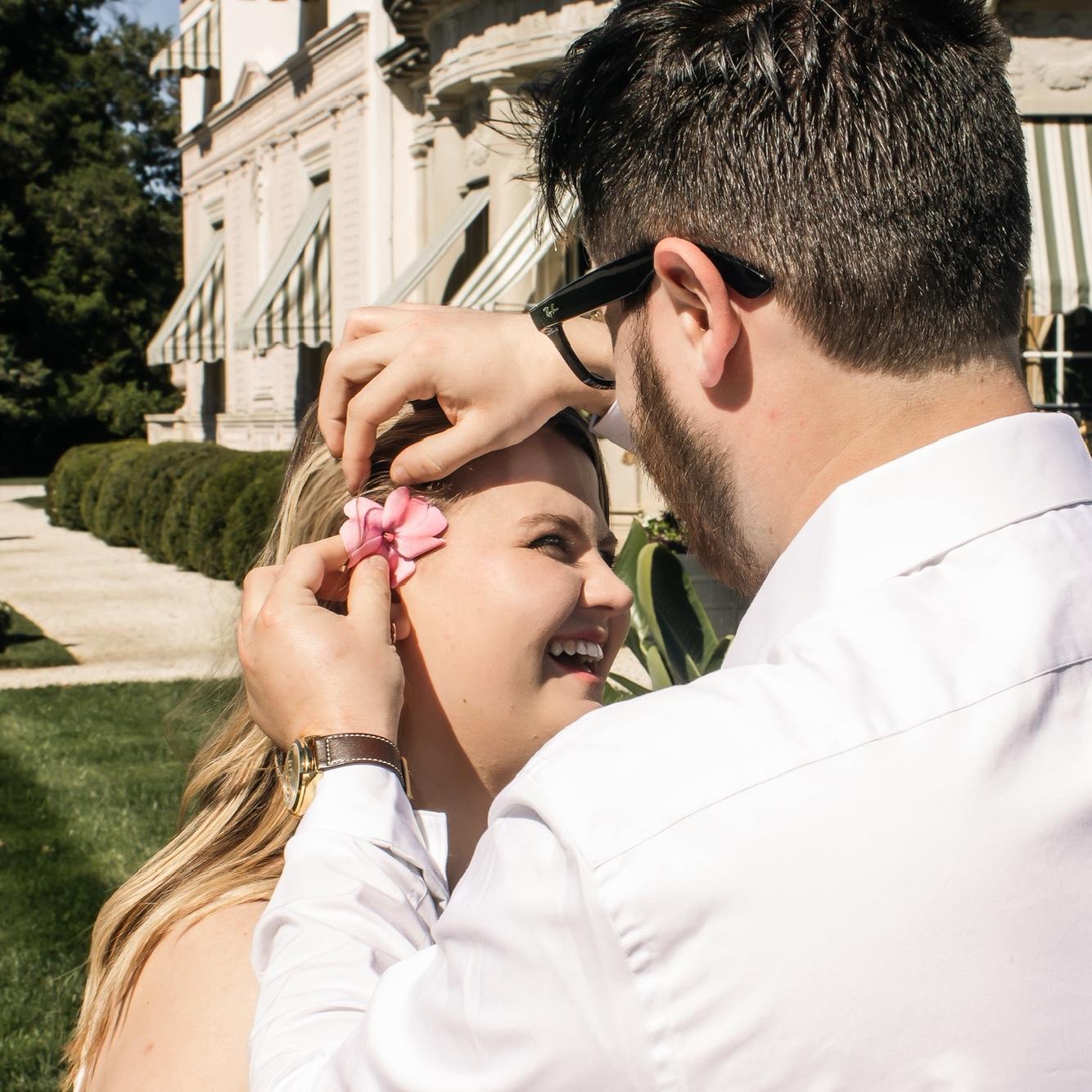 Picking flowers at our formal engagement shoot