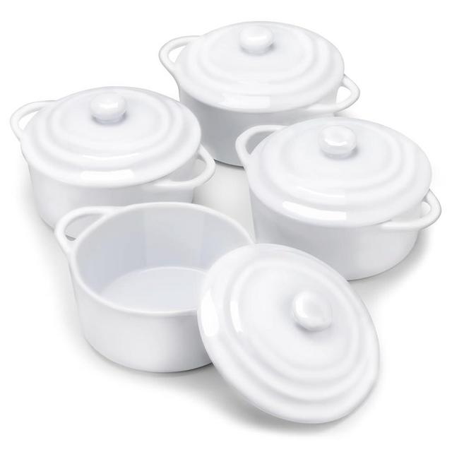 Kook Ceramic Mini Cocotte Set, Small Casserole Dishes with Lids and Handles, Individual Baking Ramekins, Oven, Microwave & Dishwasher Safe, Stoneware, 12 oz, Set of 4 (Swiss White)