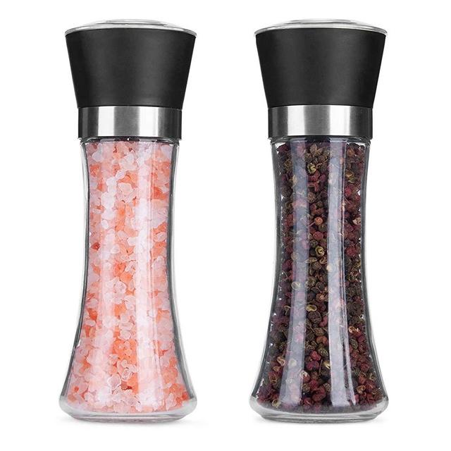 Hotder Premium Pepper Salt Pepper Grinder Set of 2-Refillable Coarseness Adjustable Pepper Mill Shaker with Glass Body Christmas Gift( Two Pack)