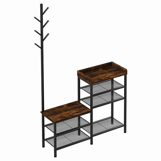 Furniouse 39.4''L Shoe Bench Entryway with Coat Rack, 4 Tier Shoes Rack with Metal Mesh Shelves and Wood Seat, Mudroom Bench for Shoe Storage, 4 in 1 Rustic Bench for Hallway, Foyer, Doorway
