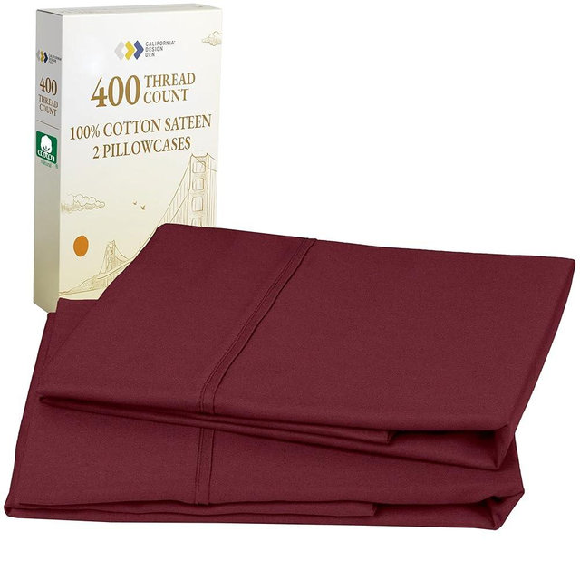 California Design Den King Size Pillowcase Set - 400 Thread Count, 100% Cotton Sateen, Set of 2 Pillow Covers, Soft and Breathable - Burgundy Red