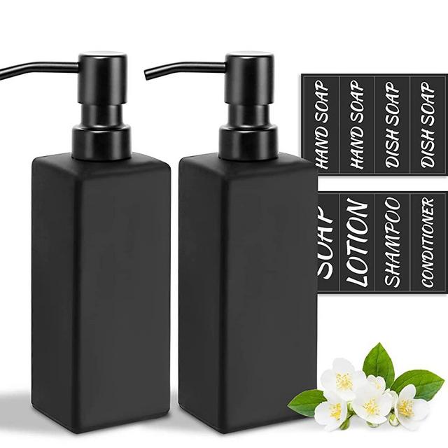 GMISUN Black Soap Dispenser, 2 Pack Glass Soap Dispenser with Matte Black Stainless Steel Pump, 12 oz Hand and Dish Soap Dispenser Set for Kitchen/Bathroom, Refillable Liquid Lotion Dispenser - Square