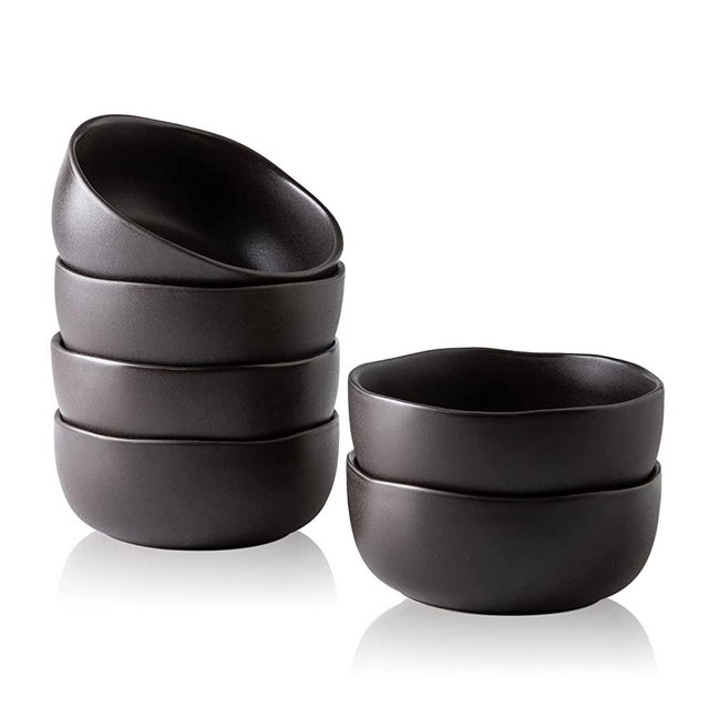 AmorArc Stoneware Cereal Bowls for Kitchen, 28oz Large Ceramic Soup Bowls Set of 6 for Meal, Chip-Resistant Kitchen Bowls with Wavy Rim, Reactive Glaze-Matte Black