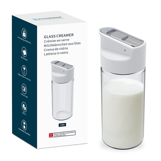 KITCHENDAO Glass Creamer with Fresh-Keeping Lock Mechanism, Drip-free Spout, 12 oz Milk Pitcher with Lid, Borosilicate Glass Creamer Container, Dishwasher Safe