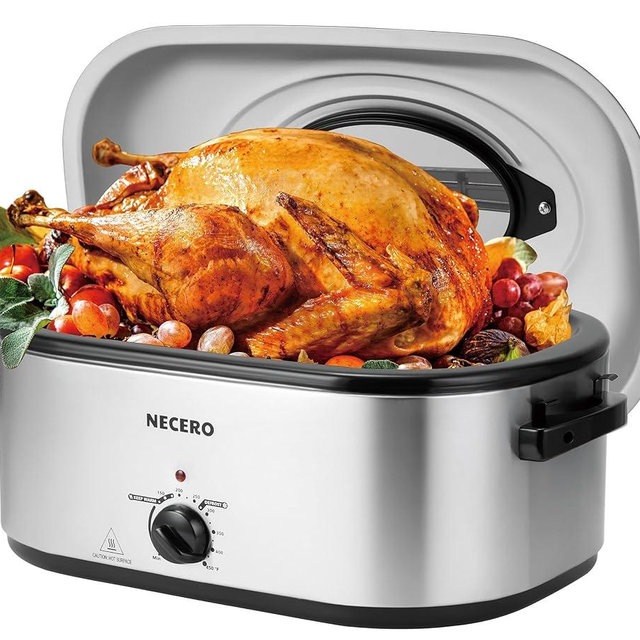 NECERO Roaster Oven 28 Quart Electric, Electric Roaster Pan with Visible & Self-Basting Lid, Large Stainless Steel Electric Turkey Roaster Oven Defrost Warm Function, Removable Pan Rack, Slow Cooker