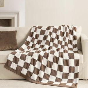 Snuggle Sac Brown Checkered Throw Blanket Faux Fur Microfiber Blankets for Couch,Cozy Soft Warm Blanket for Sofa Bedroom Living Room,Brown Checker,50x60 inches
