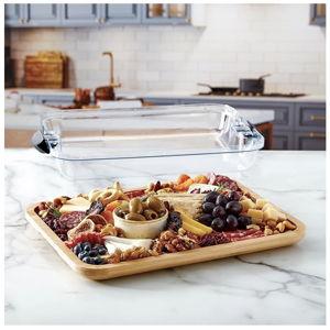 Farberware Build-A-Board Bamboo Cutting Board with Single Storage Compartment, Clear Locking Lid, Black Handles, Perfect for Charcuterie & Snacks