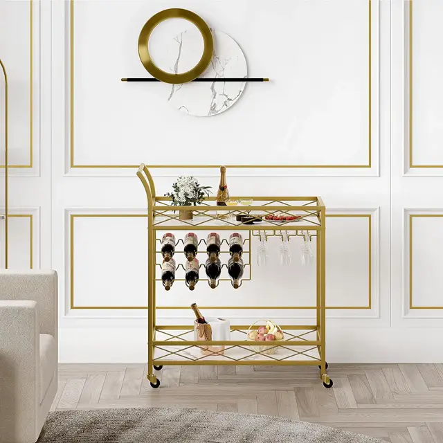Gold Bar Cart, 2 Tier Bar Carts for The Home, Home Bar & Serving Carts, Bar Carts with Wheels