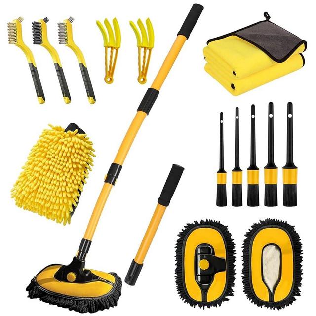 Car Wash Brush with Long Handle, 55 inch Car Wash Mop Car Wash Kit Mitt Retractable Bent Pole Car Wash Brush for Cars RV Truck Boat