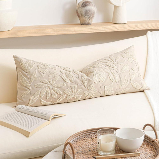 BlissBlush Cream Velvet Decorative Lumbar Pillow Cover 14x36, Floral Soft Long Body Pillow for Bed, Accent Lumbar Throw Pillow for Bedroom, Modern Farmhouse Textured Pillowcase
