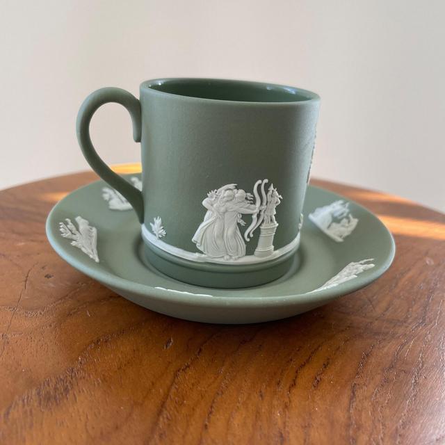 Antique Sage Green Wedgewood Jasperware Coffee/Espresso Cup and Saucer