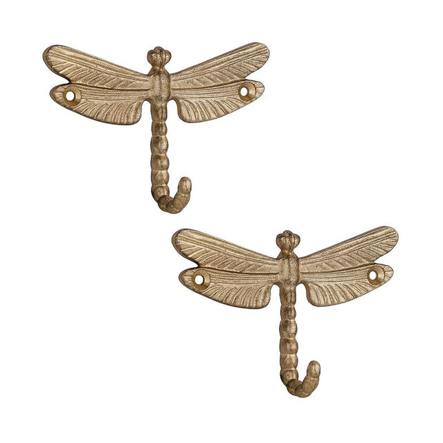 SOFFEE DESIGN 2PCS Metal Golden Dragonfly Wall Hooks, Rustic Bathroom Kitchen Hangers, Outdoor Patio Decor with Anti-Rust Coating