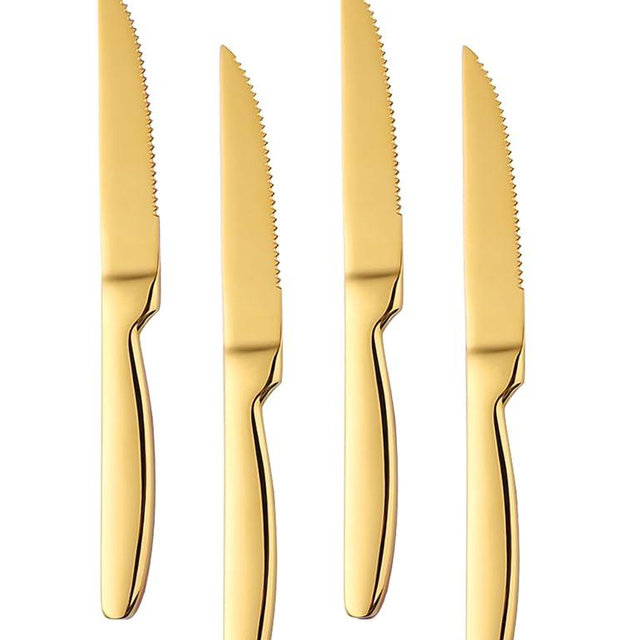 Steak Knife Set, 4-Piece Serrated Steak Cutlery Steak Knife, Gold Stainless Steel Steak Cutlery Knife for Home, Restaurant, Hotel, 27cm