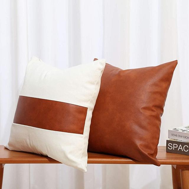 GALMAXS7 Faux Leather and Cotton Decorative Throw Pillow Covers, 18 x 18 inch Set of 2 Pillow Covers Modern Mudcloth Farmhouse Home Decor Accent Square for Couch Bed Sofa Bedroom Living Room