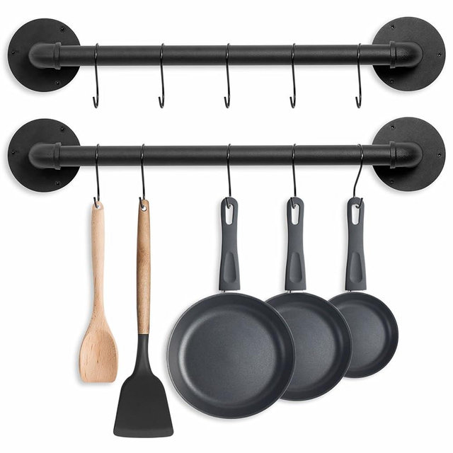 Boshangjia Pot Pan Rack Wall Mounted Set of 2, 21" Industrial Pipe Utensils Hanger Holder Pots Storage Organizer Iron Detachable Hanging Rail for Kitchen with 10 S Hooks…