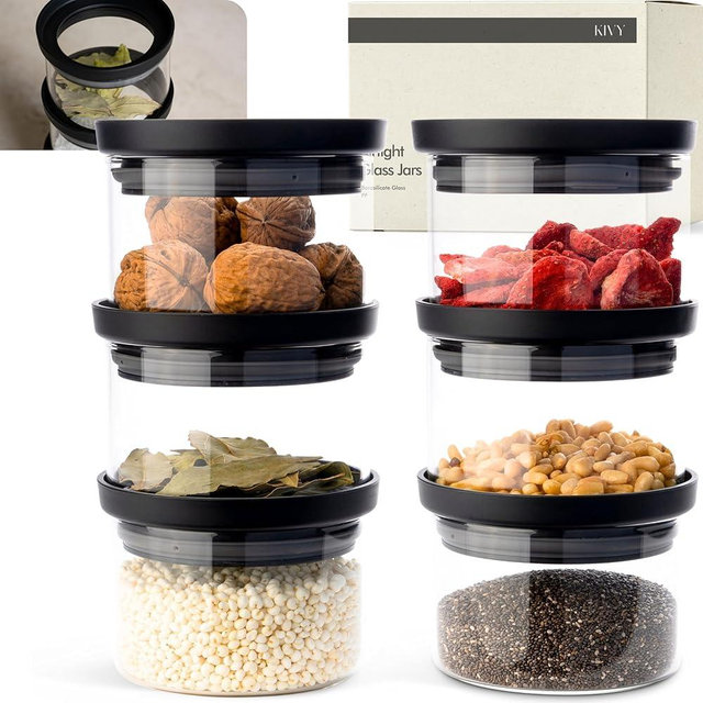 KIVY Glass spice jars transparent Glass Lid [6x 12oz] Stackable & Airtight small glass jars - Spice containers - Seasoning jars tea - Spice storage containers - Spice jars with black lids & labels