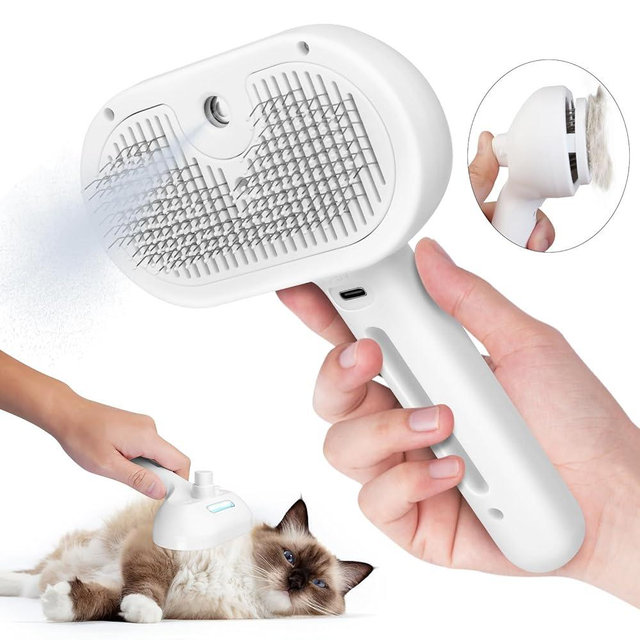 Cat Steam Brush, 3 in 1 Steam Cat Brush with Tank and Release Button, Effective Removal of Electrostatic Spray Cat Brush, Rechargeable Remove Loose Hair Cat Brush for Long and Short Hair