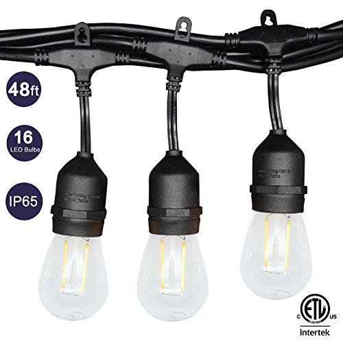 48 Feet Heavy Duty LED Patio Lights, Weatherproof Outdoor String Lights, Commercial Grade Backyard Home Decor Lights, Connectable Bistro Lights, E26 Hanging Socket S14 LED Bulbs (48 Ft 15 Lights LED)