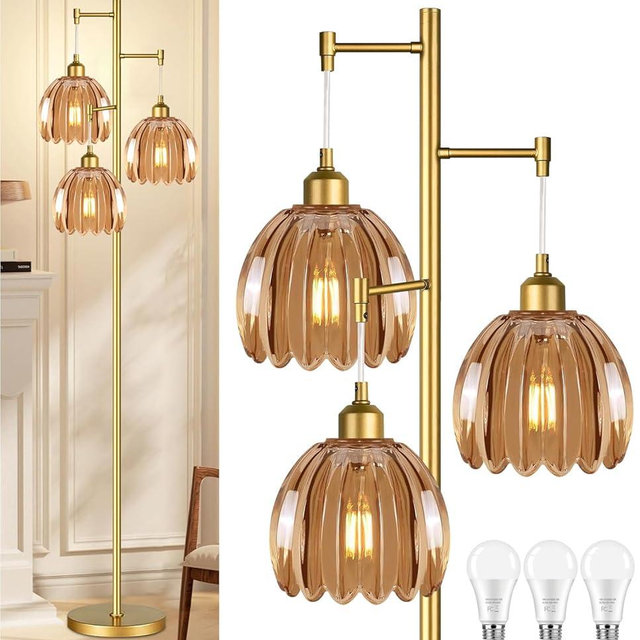 QIYIZM Gold Floor Lamp for Living Room,Bedroom,Tree 3 Light Standing Lamp Mid Century Modern Brass Tall Floor Lamps Vintage Retro Floor Lights Glass Flower Amber Lamp Shade Farmhouse Boho Bohemian