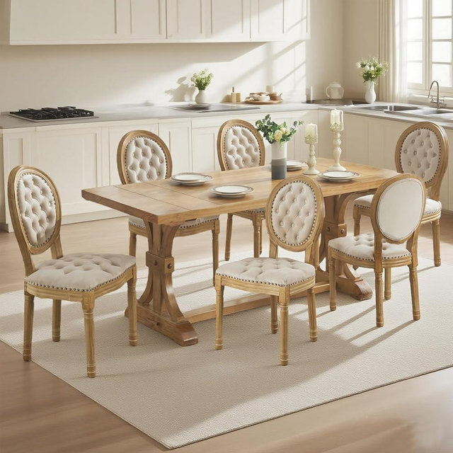 SoarFlash French Velvet Dining Chairs Set of 6, Vantage Dining Chair with Round Back, Wood Leg Farmhouse Country Dining Chair for Kitchen,Bedroom,Beige
