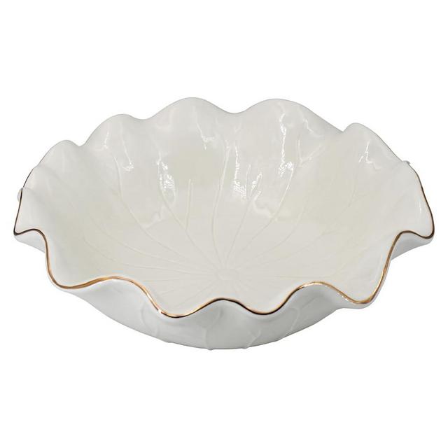 ALIWINER 10" Large White Ruffle Lotus Design with Gold Trim Ceramic Fruit Bowl, Decorative Leaf Floral Bowl for Coffee Table Kitchen Counter and Home Decor Approx Capacity 45 fl oz