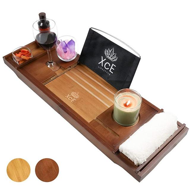 XcE Bath Caddy Tray (Dark Brown) with Removeable Fabric Book Stand (70cm-102cm)- Bamboo Wood Bath Tray and Bath Caddy
