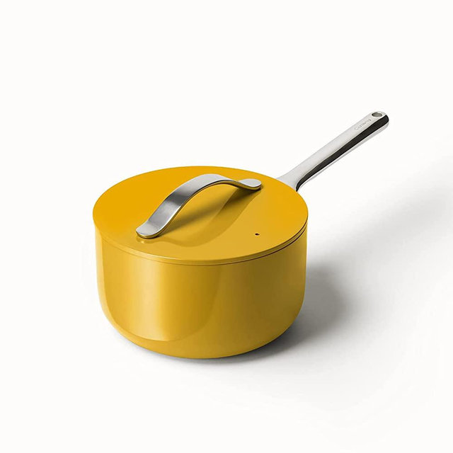 Caraway Nonstick Ceramic Sauce Pan with Lid (3 qt) - Non Toxic, PTFE & PFOA Free - Oven Safe & Compatible with All Stovetops (Gas, Electric & Induction) - Marigold