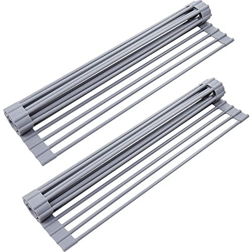 2 Pack Roll Up Dish Drying Rack, YIHONG 17 x13 Inch Over the Sink Dish Rack, Kitchen Multipurpose Foldable Dish Drying Rack for Sink Counter, Gray