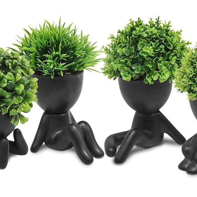 MAKHOT 4PCS Cute Artificial Mini Succulent Plants with Creative Human Shaped Pots, Small Fake Plants for Shelf Desk Tabletop Office Home Decoration(Black)