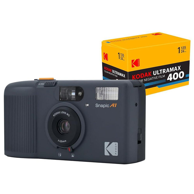 KODAK Snapic A1 35mm Film Camera 35mm, Reusable, 2-Zone Focus, Lightweight, Compact (Rhino Grey) Bundle with Kodak Ultramax 400/24EXP 35mm Roll Film