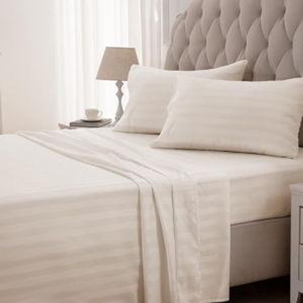 SLEEP ZONE Striped Cooling Queen Sheets Set - Fitted Flat Sheet & Pillowcase Sets 4 Piece - Super Soft Stripe Bed Sheet, Easy Care, Deep Pocket (Beige, Queen)