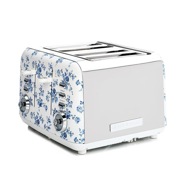 VQ Laura Ashley China Rose Stainless Steel 4 Slice Toaster | Multi-Functional Bagels & Bread Toaster 4 Slice with Adjustable Heating & Defrost Mode | Featuring 4 Wide Slots & Croissant Warming Rack
