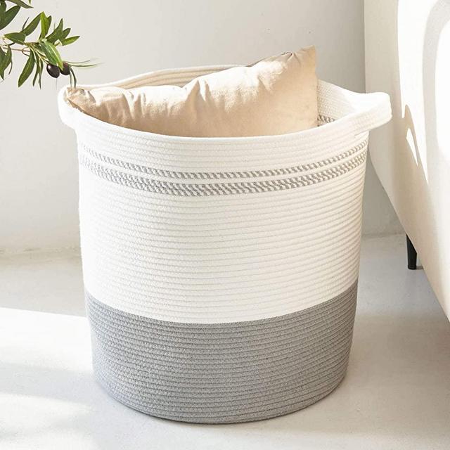 INDRESSME Large Cotton Rope Basket Woven Basket Blanket Storage Basket Laundry Basket Clothes Hamper Toy Basket, 18.1'' ×16.1''