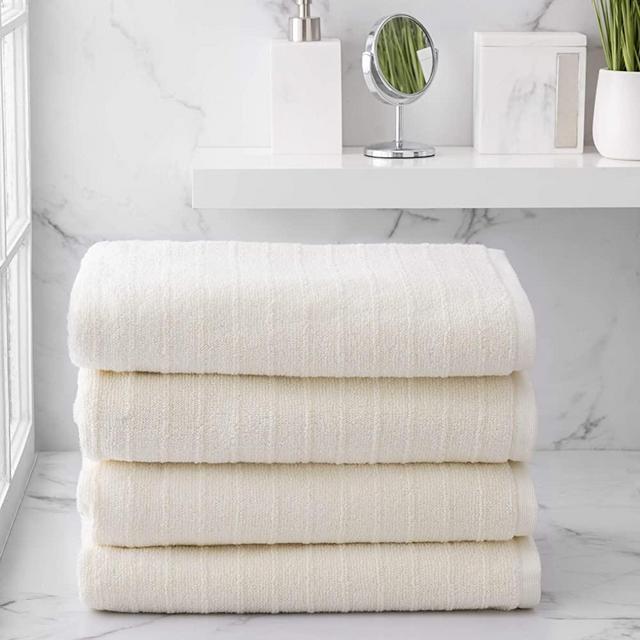 Welhome James 100% Cotton 4 Piece Bath Towels | Cream | Stripe Textured | Supersoft & Durable | Highly Absorbent & Quick Dry | Ideal for Everyday Use | 450 GSM | Machine Washable