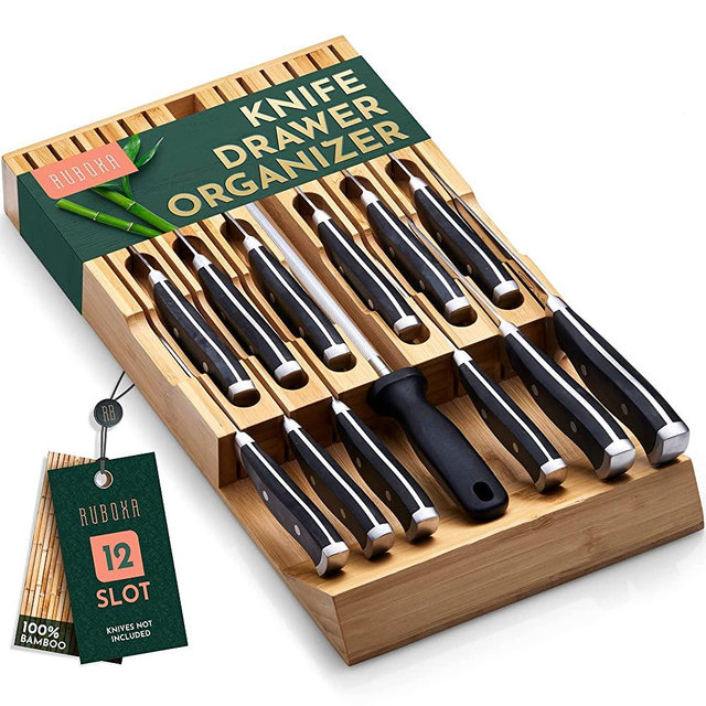 High-Grade 100% Bamboo Knife Drawer Organizer - 12 Knife Slots Plus a Sharpener Slot, Knife Organizer for Kitchen Organization, Durable, Secured, Practical, Eco-Friendly, Knife Block without Knives.