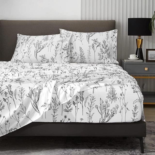HYPREST Floral Sheets Queen Size,16 inches Deep Pocket Sheets, 1800 Thread Count Black and White Leaf Floral Bed Sheets Soft Breathable Cute Aesthetic Shabby Chic Bed Sheets, Oeko-Tex Certificated.