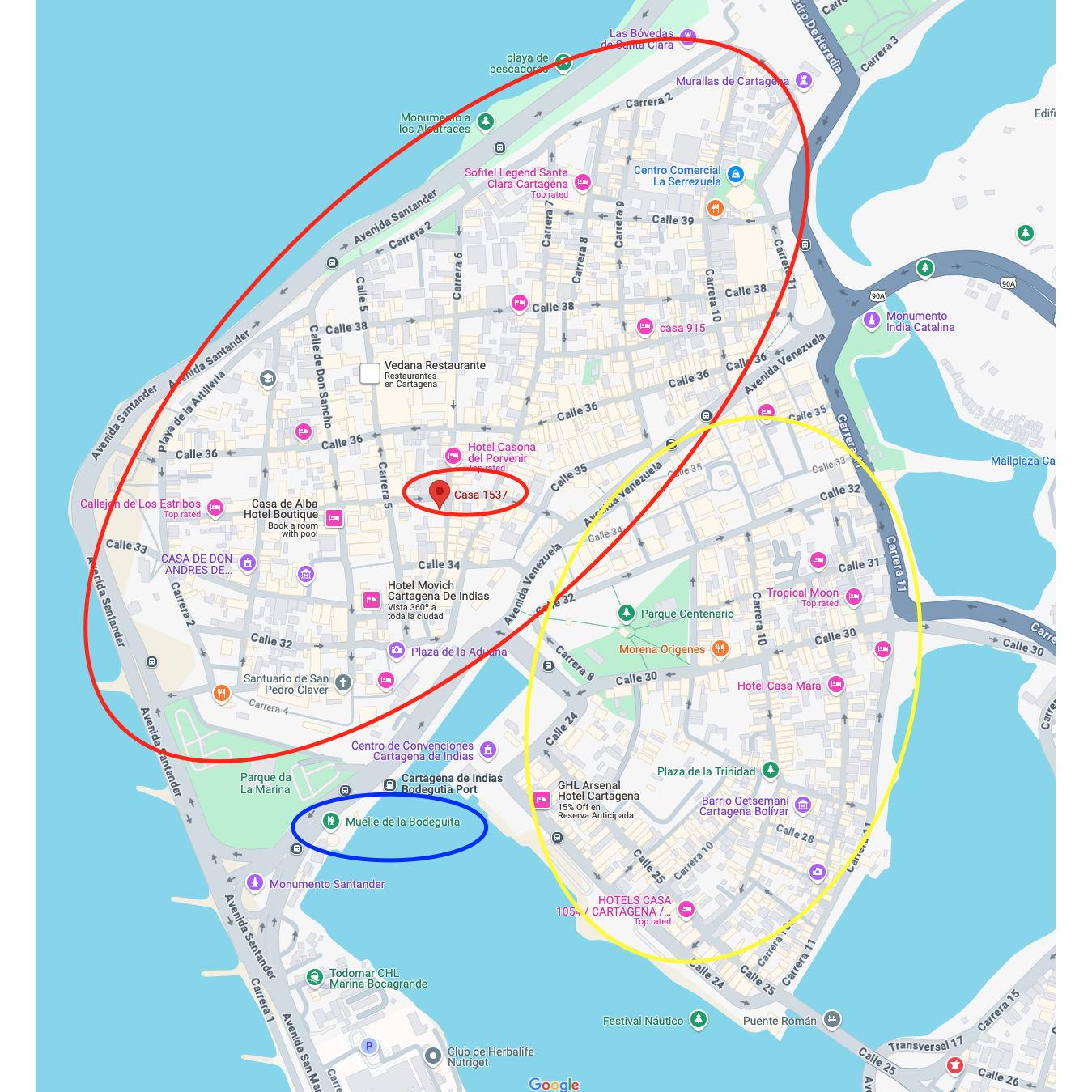 Venue is in the middle in the circle. We recommend the majority of guests to stay in the red circle of the "walled city" especially those who may be older or not speak Spanish
Yellow is trendier