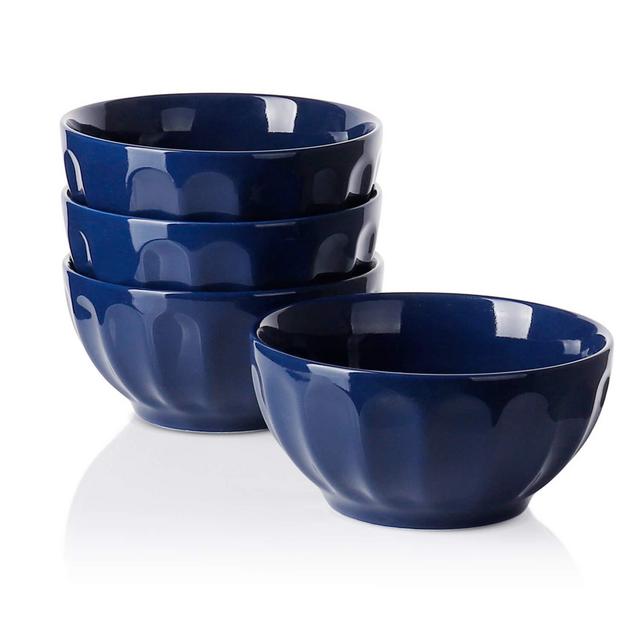 Sweese 1144 Porcelain Fluted Bowls - 26 Ounce for Cereal, Soup and Fruit - Set of 4, Navy