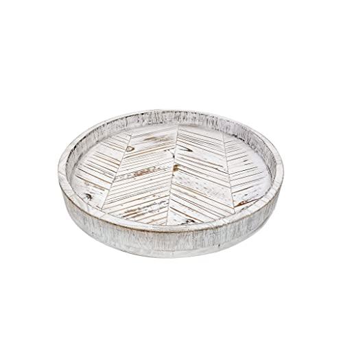 Paper And Pallet Rustic White Herringbone Wood Lazy Susan - Distressed Farmhouse Turntable Tray, Cabinet Organizer, and Dining Table Centerpiece 12.5 Inch
