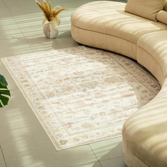 Inlume 6x9 Soft Washable Area Rugs for Living Room and Bedroom, Non-Slip Stain Resistant Indoor Carpet, Cozy Floor Mat for Dining Room, Office, Under Table​Stain Resistant Persian Beige Floral