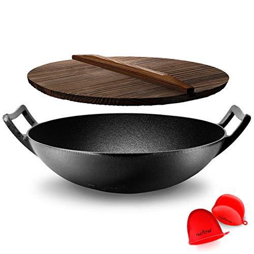 Nutrichef NCCIWOK60 Pre-Seasoned Cast Pan-5.8 QT Heavy Duty Non-Stick Iron Chinese Wok or Stir Fry Skillet w/Wooden Lid, for Electric Stove Top, Induction, Large, Black
