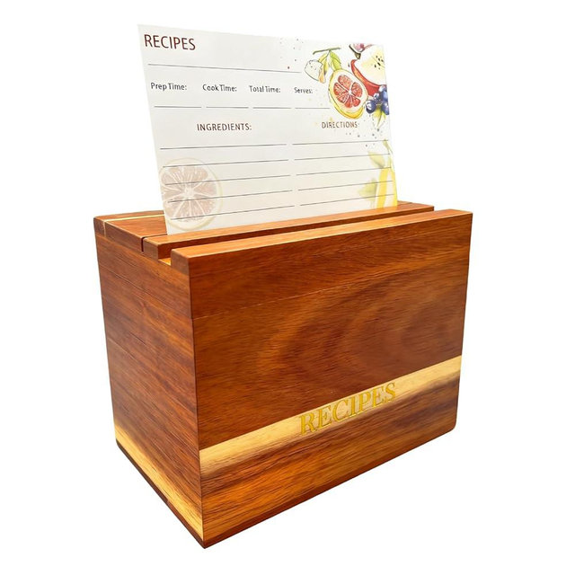 CHOUYUHE Acacia Wood Recipe Box Set - 50 4x6 Recipe Cards, 6 Dividers | Rustic Kitchen Organizer with Lid for Cooking Lovers, Perfect Housewarming/Wedding Gift