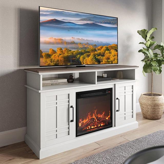 BELLEZE 48" TV Stand with 18" Electric Fireplace, Modern Electric Fireplace TV Stand for TVs up to 50", Entertainment Media Stand with Storage - Norrell (White)